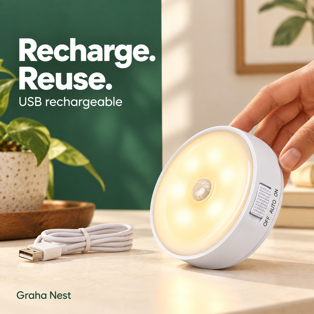 Graha Nest Rechargeable Motion Sensor LED Lights – Pack of 2